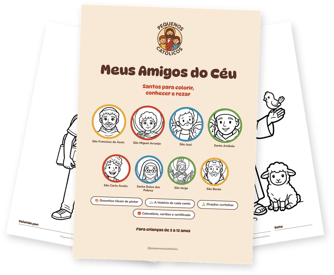 Capa do livro Meus Amigos do Céu com páginas de colorir de São Carlo Acutis e São Francisco ao fundo